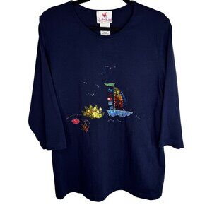 Quacker Factory Womens XL Sailboat Nautical‎ Sequin Embellished 3/4 Sleeve Top